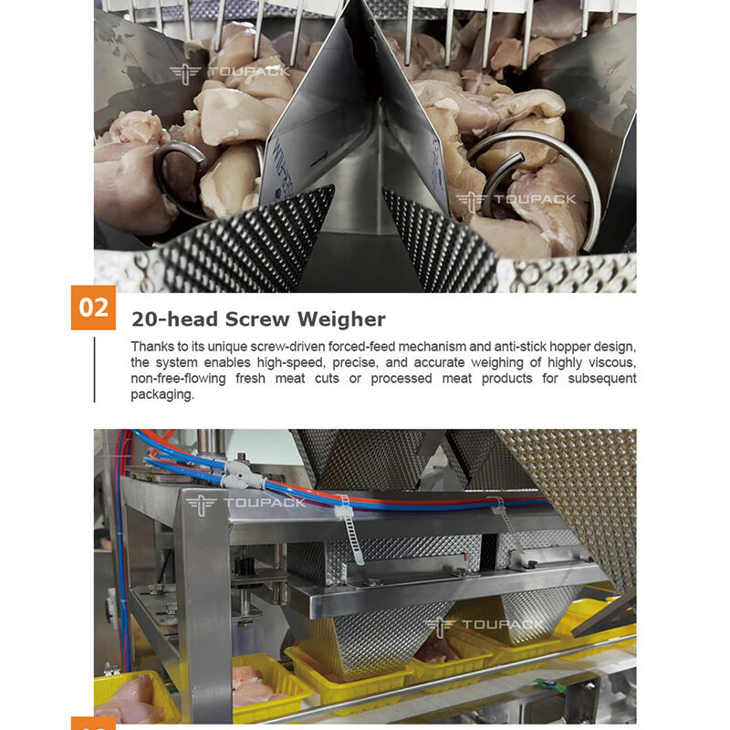 High-Speed Automatic Meat Tray Packing Line with Screw Feed Multihead Weigher for Sticky and Fresh Proteins